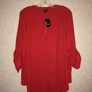 Torrid 1X Women's Blouse Solid Red V-Neck Top NWT